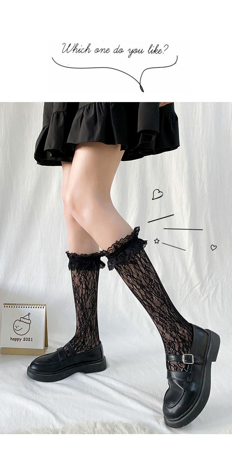 允倾2021新款白丝袜子女夏薄款蕾丝洛丽塔小腿袜中筒袜jk长筒日系ins