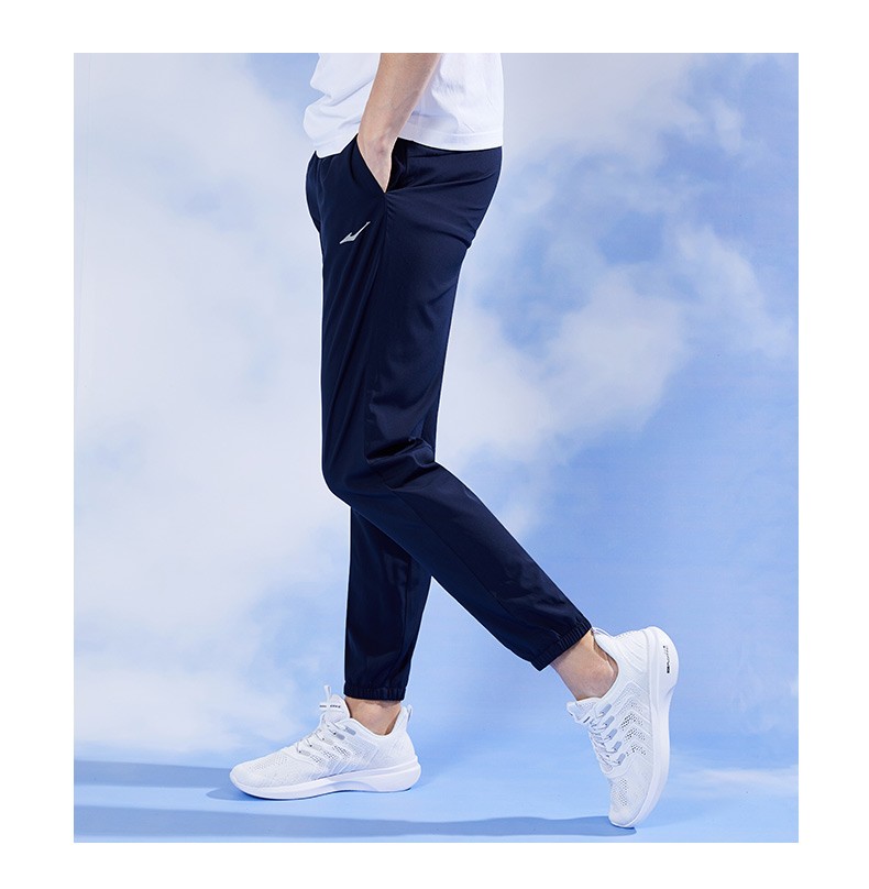 鸿星尔克运动裤男裤透气男运动吸汗跑步男裤子宽松弹性休闲九分裤正黑