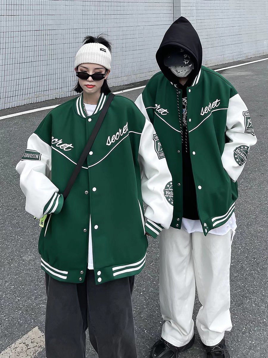 纯棉棒球服男春秋季潮流风高街外套宽松拼接夹克原宿风潮牌黑色m