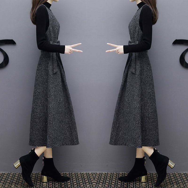 连衣裙秋冬百搭德绒长款过膝收腰显瘦修身高端洋气长裙深灰色单连衣裙