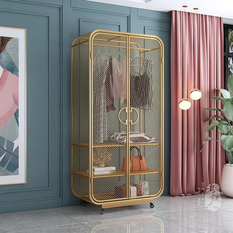 北欧式现代简约轻奢金属移动带轮美容院衣帽衣橱铁艺卧室衣柜雪纺纱一