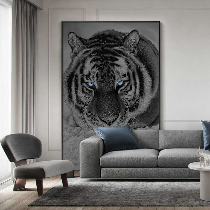 博杉 猛虎下山图 老虎黑白装饰画猛虎下山图玄关壁画大幅落地画客厅