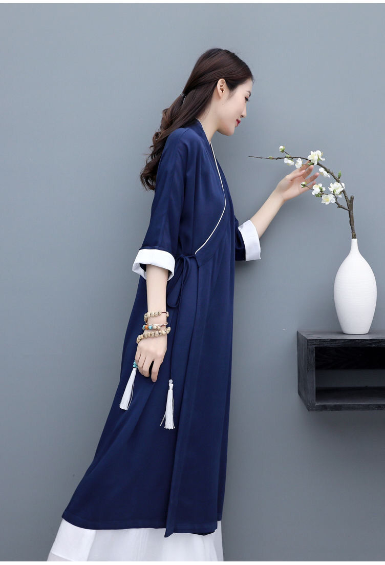 居士修行佛系女装改良汉服中国风日常中式交领外套宽松禅服茶服女藏青