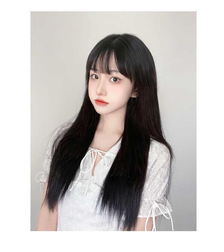 假发女长直发可爱空气刘海学生黑长发蓬松逼真全发套齐刘海中长发 浅
