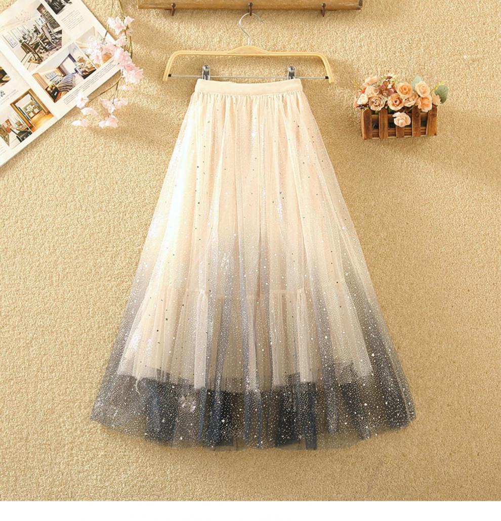 渐变色星星亮片网纱半身裙女新款中长款裙子拼接星空闪闪纱裙2021