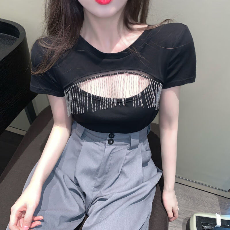 短袖t恤女ins潮流苏镂空修身显瘦上衣女夏黑色聚酯纤维l100斤120斤