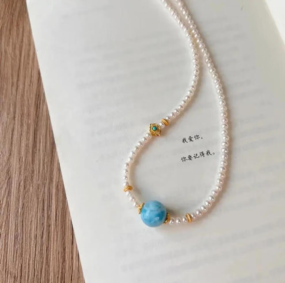 语韵 遇见蓝鲸精品拉利玛圆珠 海纹石淡水珍珠绿松项链女百搭 海纹石