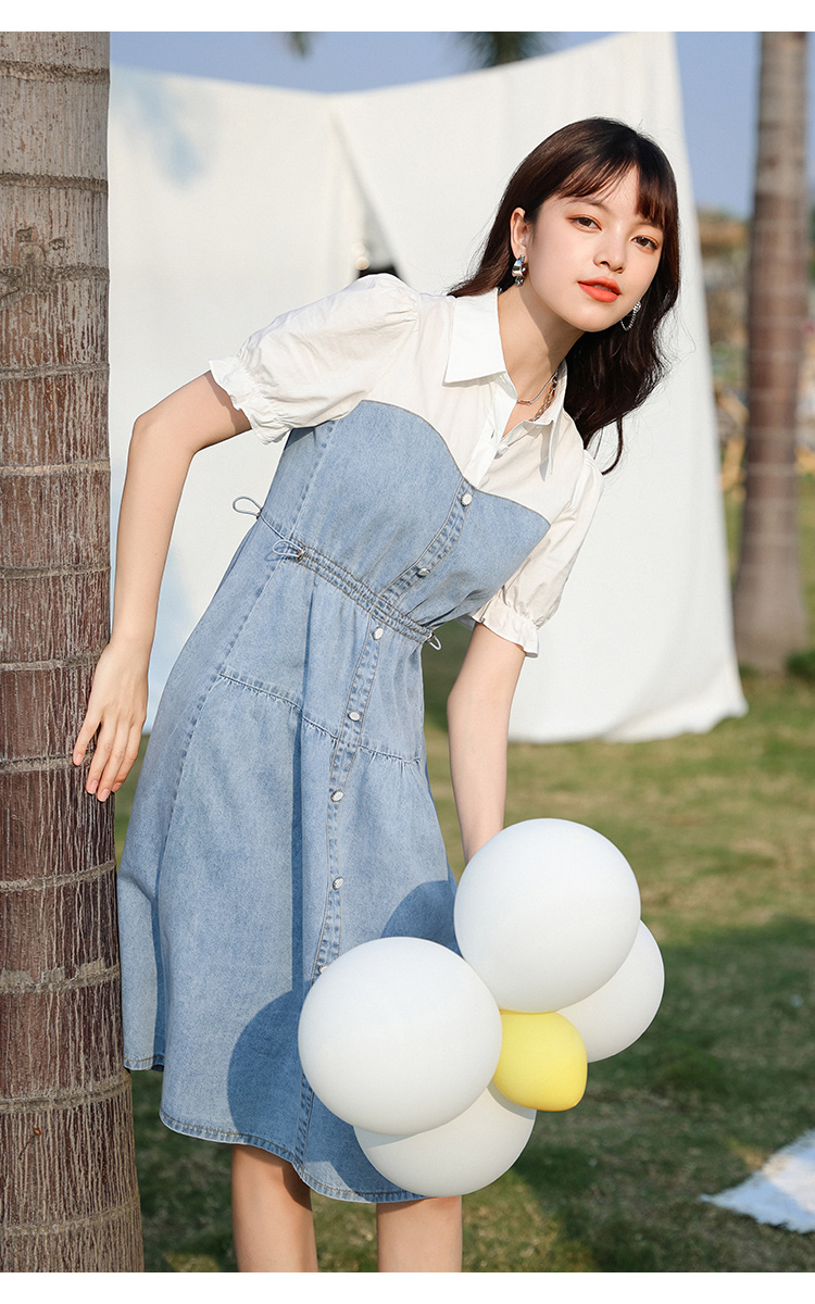 朵以2022夏季新款活力牛仔拼接连衣裙翻领收腰显瘦休闲a字裙子37vx