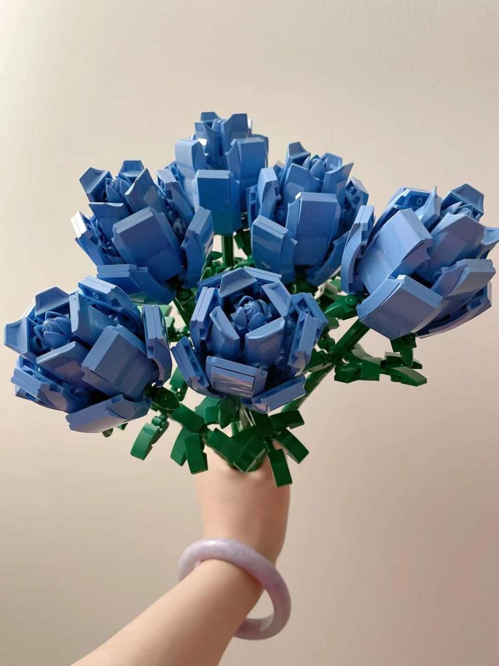 中国积木520情人节蓝玫瑰送男女朋友礼物8花束情侣拼装小颗粒 蓝玫瑰