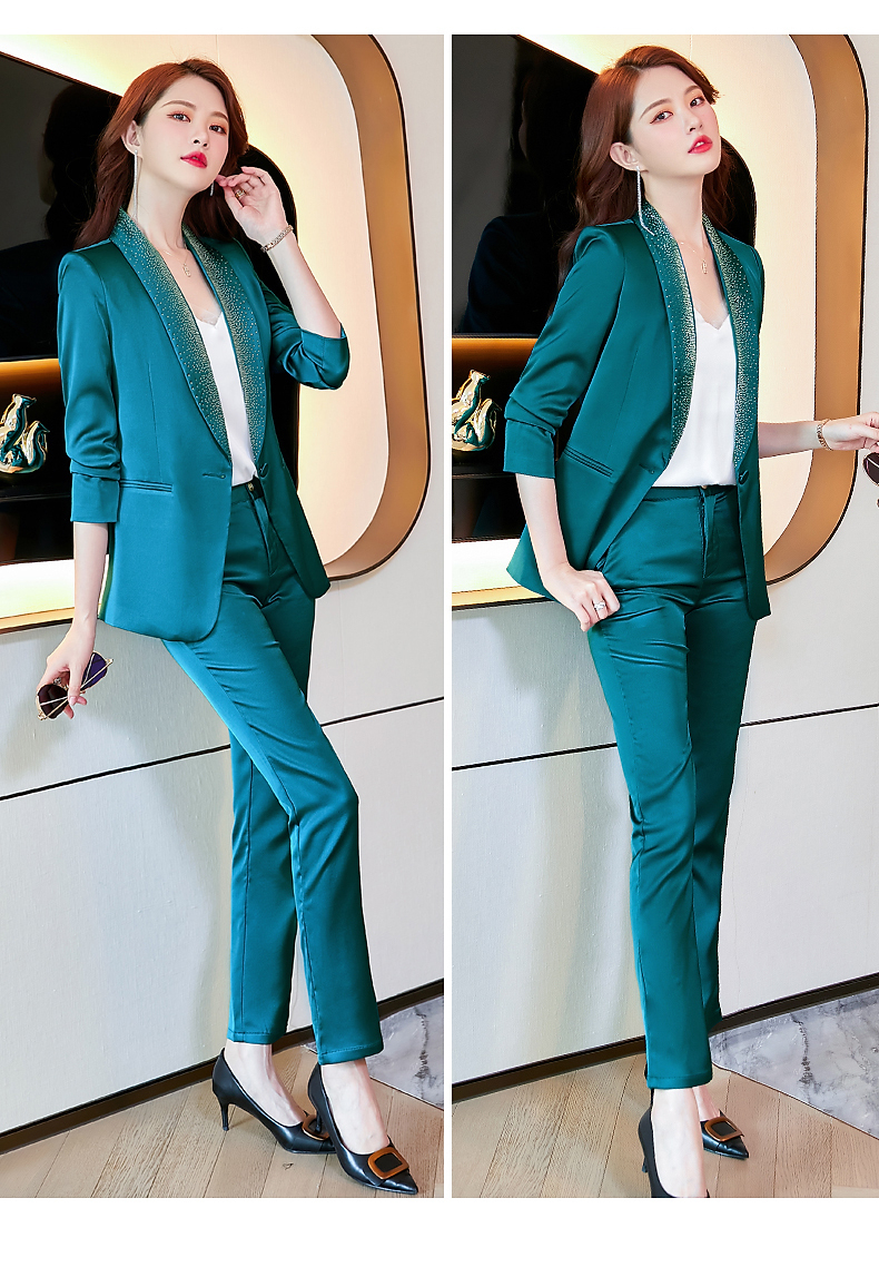 怡情姿高级感孔雀蓝醋酸缎面西装套装女2021秋冬新款今年流行新款总裁