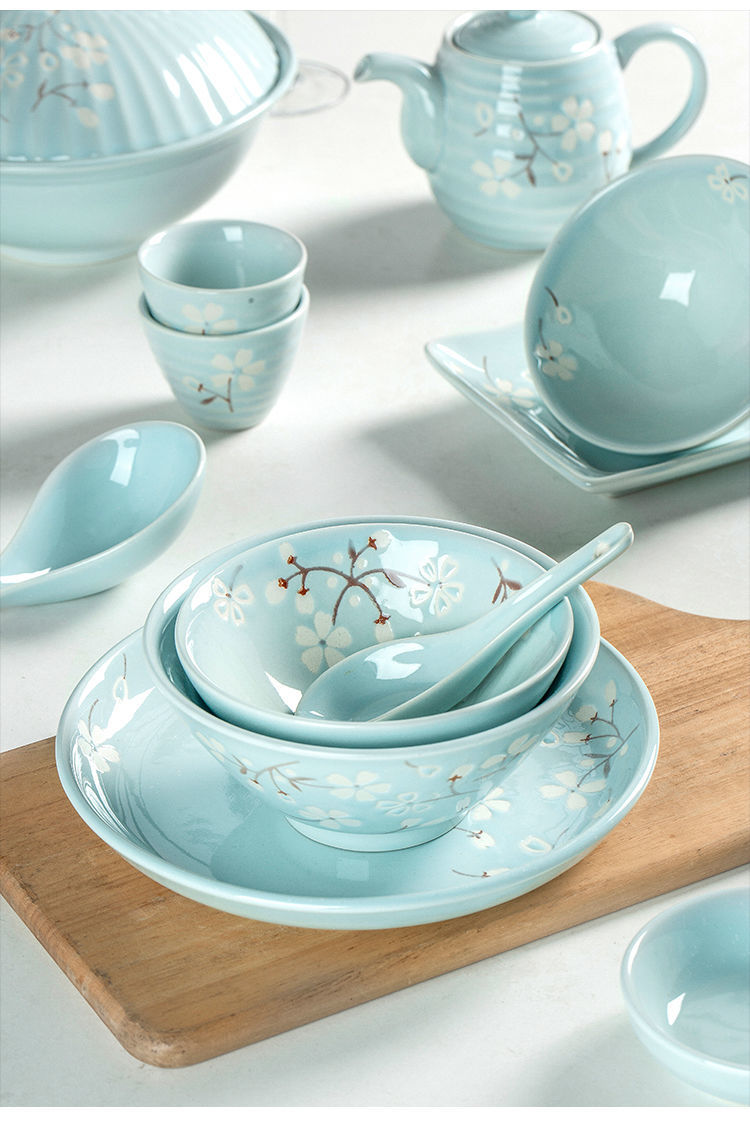 小清新樱花创意面碗米饭碗盘子碗筷组合陶瓷餐具30件套中式彩盒包装