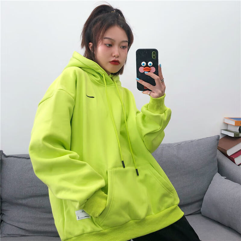 大码卫衣女连帽刺绣韩版宽松秋薄款胖妹妹200斤长袖加绒上衣荧光绿