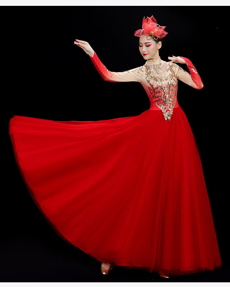 歌伴舞开场舞大摆裙大气服女灯火里的中国舞蹈服装合唱服长裙京菲依