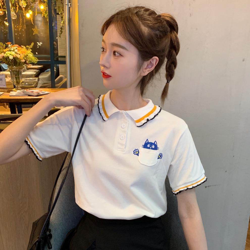 女生衣服女猫咪刺绣半袖t恤韩版可爱宽松少女polo衫女上衣粉色短袖