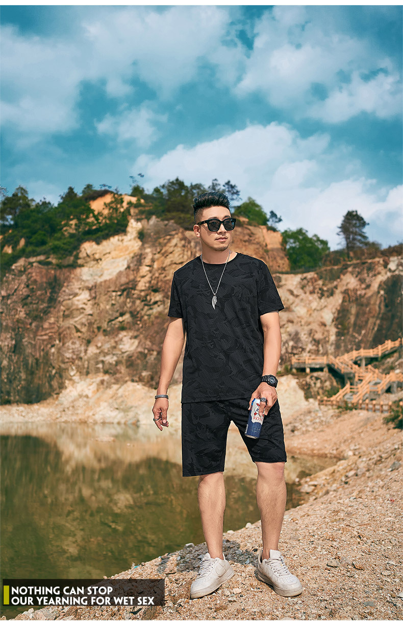 套装夏季短裤宽松迷彩冰丝网孔宽大号t恤 黑色 2xl【建议165-185斤】