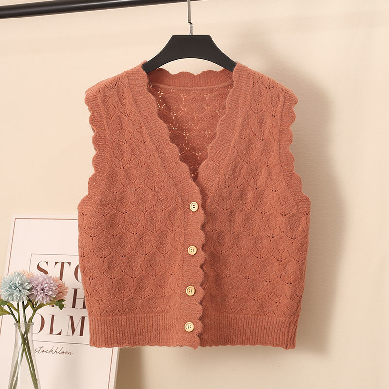 毛衣背心女针织开衫春秋2021新款短款镂空v领宽松薄款小马甲坎肩米
