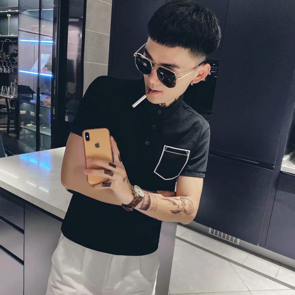 2021夏季快手社会精神小伙网红潮男短袖t恤同款打底衫半袖立领四只