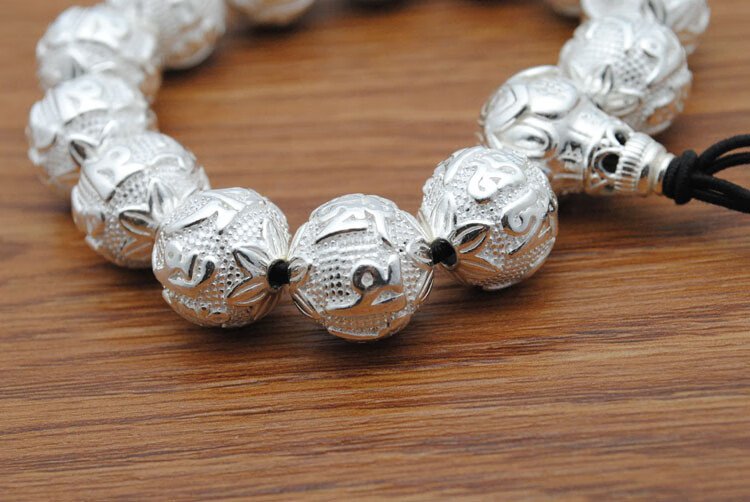 凌盛 银手串雪花银999足银足银六字真言男女心经佛珠念珠手链七夕情人