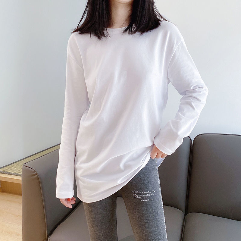 长袖t恤女春秋内搭白色打底衫韩版慵懒风宽松纯色中长款上衣396s