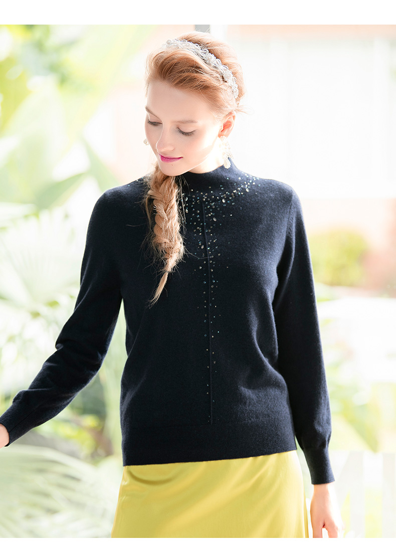 贝加尔酒红色半高领纯羊绒衫女秋冬季水钻内搭针织衫时尚保暖毛衣深丈