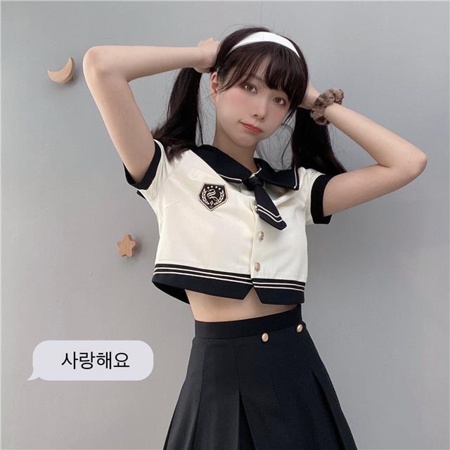 日系水手服【两件套】jk制服裙日系学生百褶裙水手服短袖短款衬衫学院