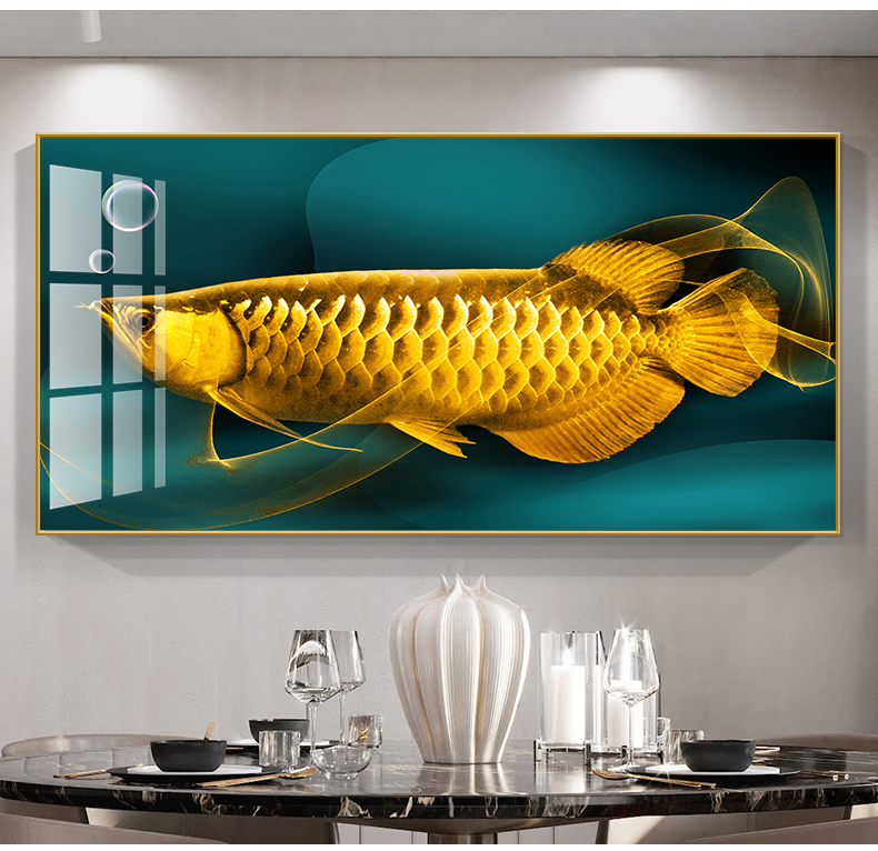 金龙鱼餐厅饭厅装饰画歺厅背景墙面壁画新中式餐桌单幅挂画招财龙鱼g