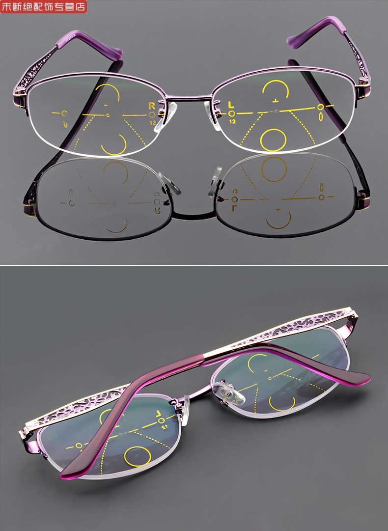 女款渐进多焦点老花镜 看远近两用半框350 400度渐进多焦老光眼镜休闲