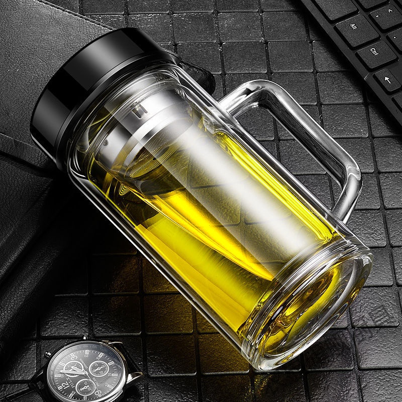 老板杯三樱双层玻璃杯隔热带把公泡茶杯水杯男带盖透明杯子定制 碳塑