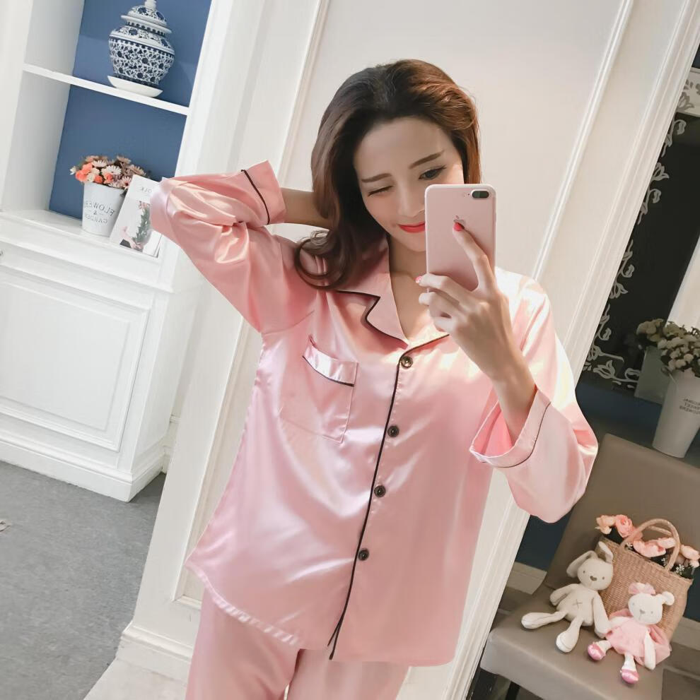 【女士睡衣】睡衣女春秋季长袖仿真丝绸家居服加肥 1801#豆沙 m【图片