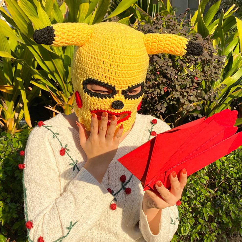 牛逼证抖音网红皮卡丘头套直播面罩恶棍搞笑吓人全脸毛线沙雕鱼面具