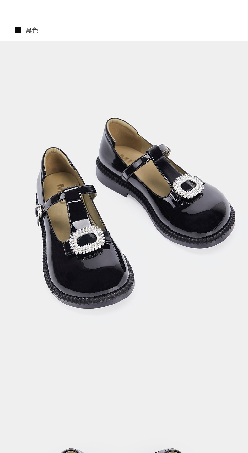 mio米奥女鞋t字带镂空水钻装饰圆头气质舒适漆皮复古玛丽珍女鞋 黑色