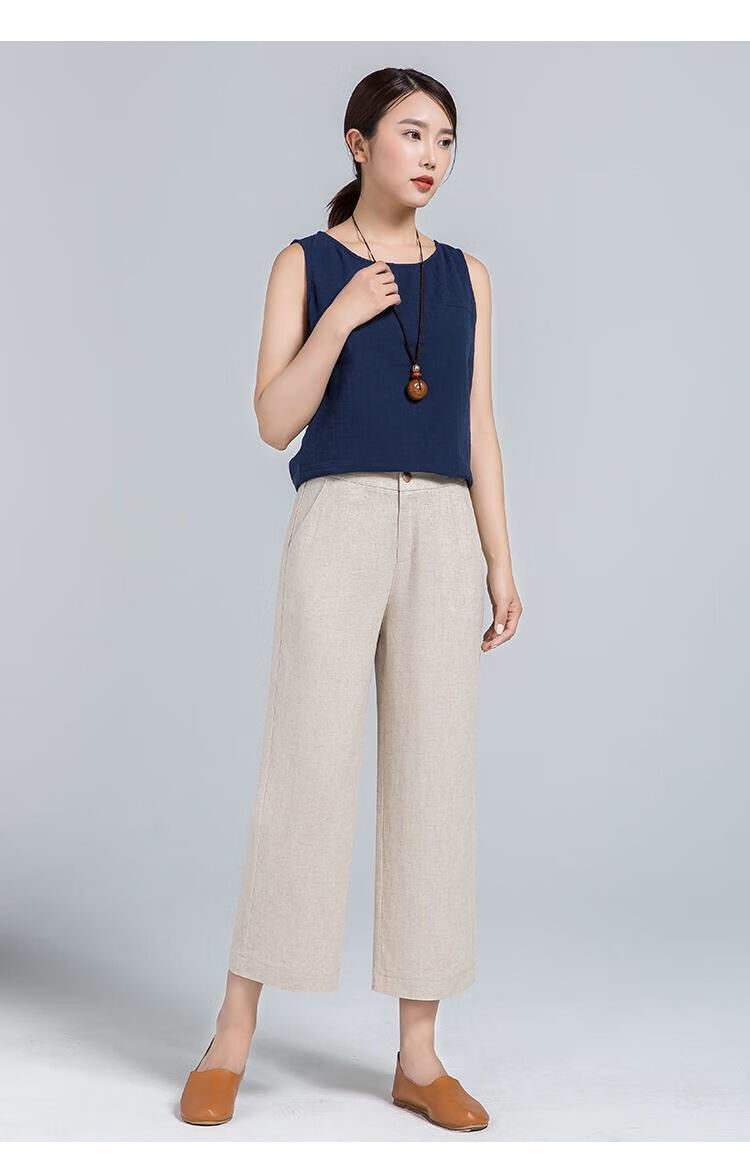 【女装新款】亚麻阔腿裤女夏季薄款宽松棉麻裤女装白色直筒裤子九分裤