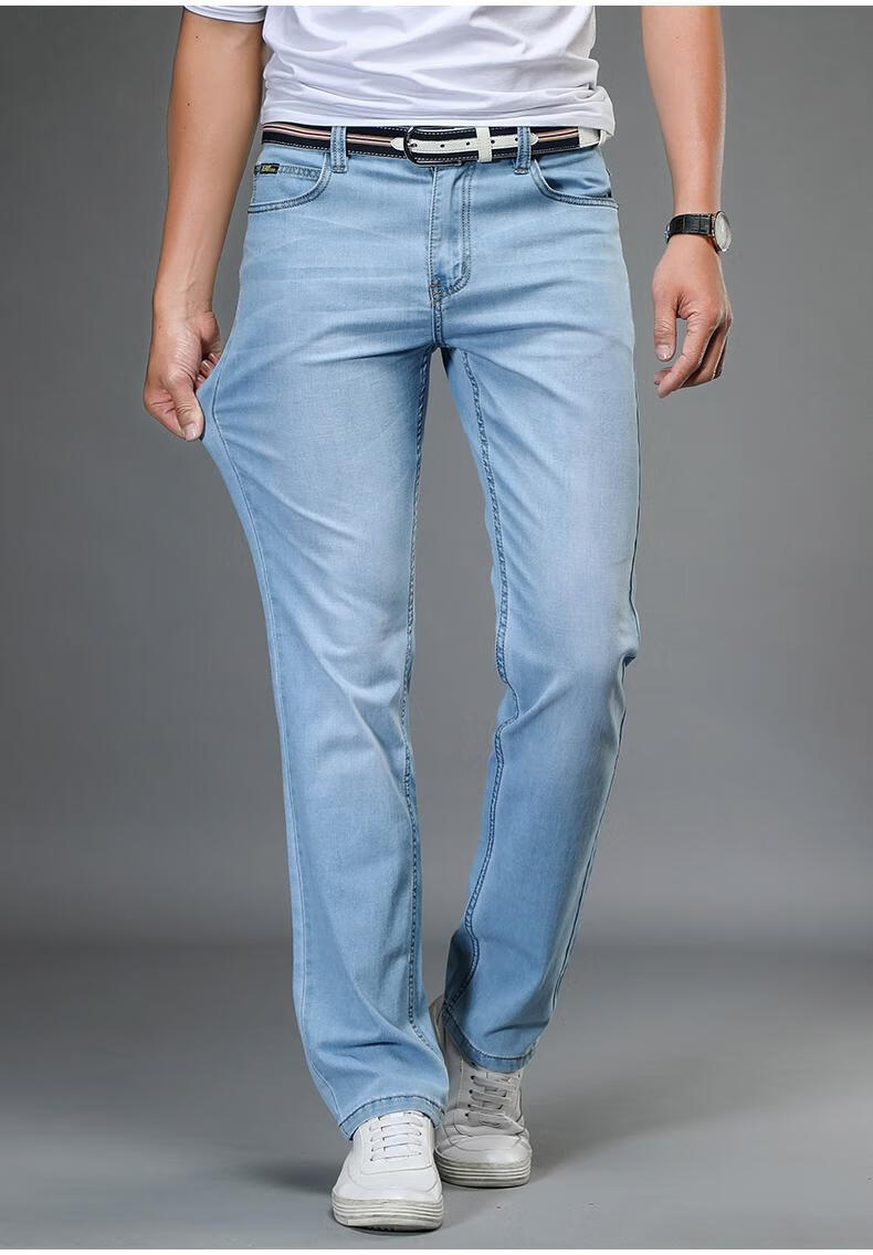 浅色牛仔裤男士直筒宽松浅蓝色简约休闲裤子夏款水洗白不加绒厚淡蓝色
