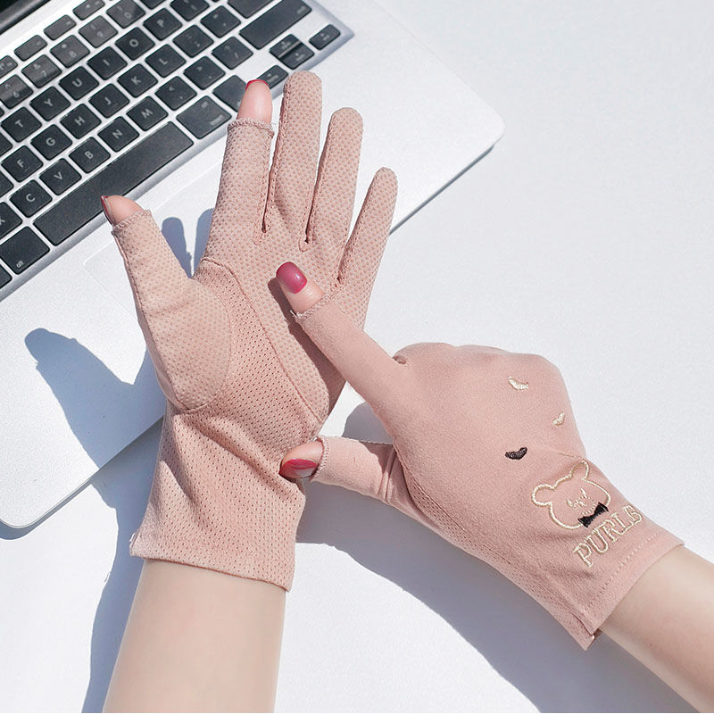 露二指防晒手套女夏季薄款半指开车防滑漏指遮紫外线透气短款为柔皮粉