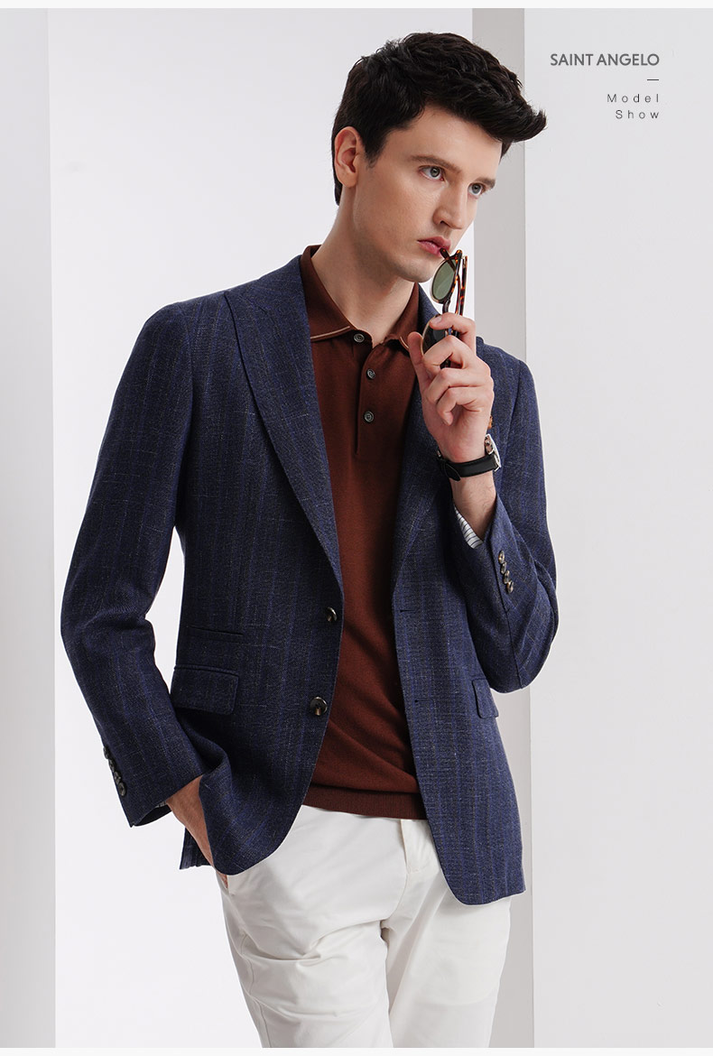 精选报喜鸟男士商务休闲藏蓝色条纹羊毛单西时尚男两粒扣便西上班西装