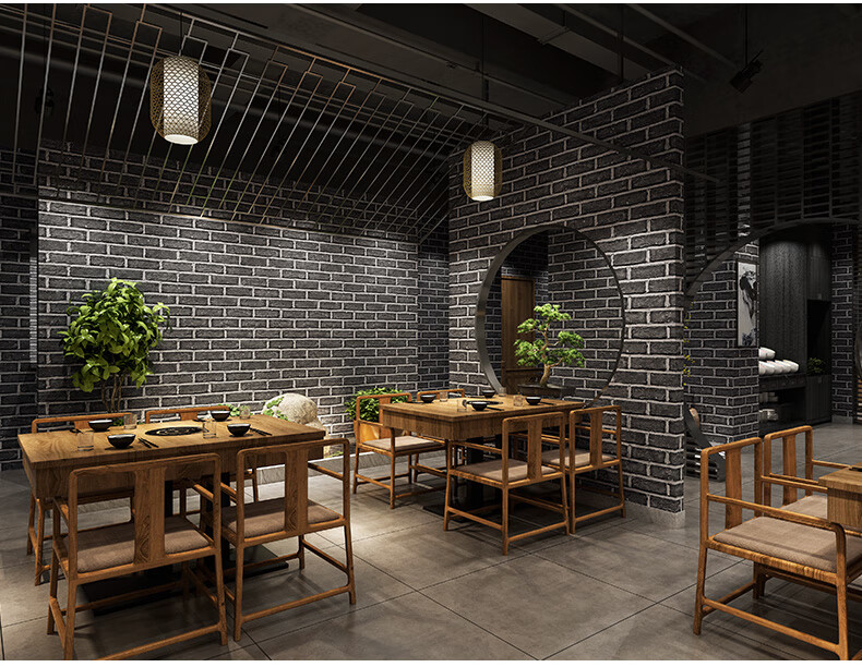 青砖墙纸 中式青砖砖块仿砖复古砖纹墙纸店铺装修餐厅饭店仿古砖壁非