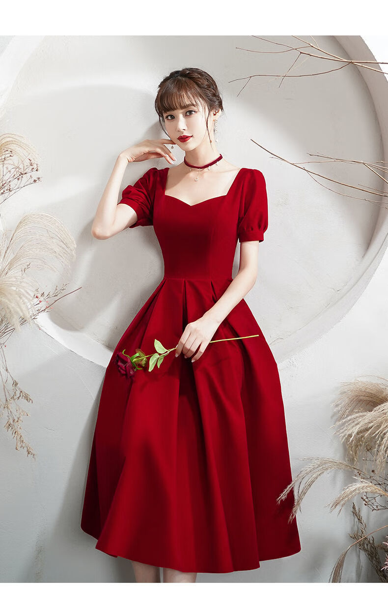 中芳韵气质晚礼服2021新款酒红色法式方领宫廷礼服伴娘礼服女平时可穿