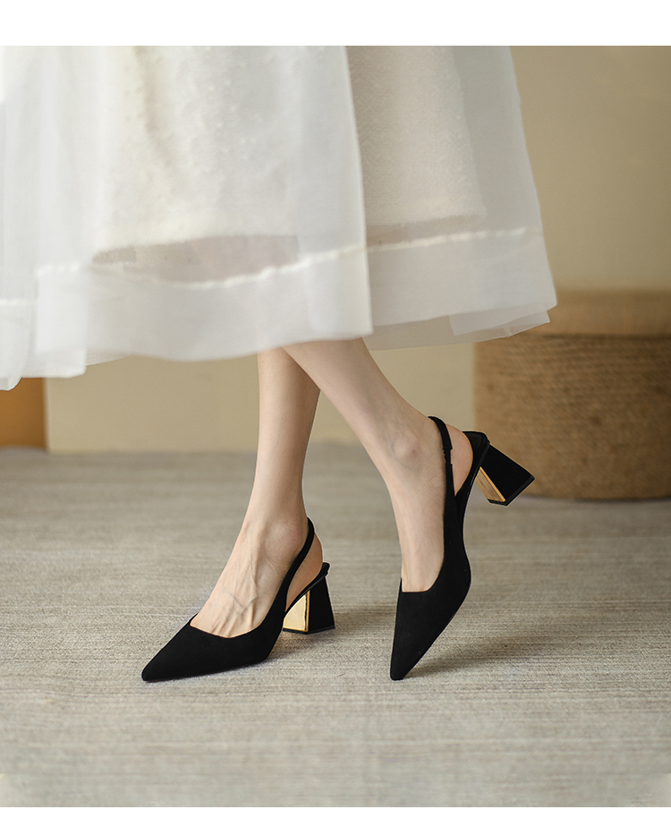 fxso方巷单鞋女2022年夏季新款简约尖头后空高跟粗跟包头凉鞋女 鞋子