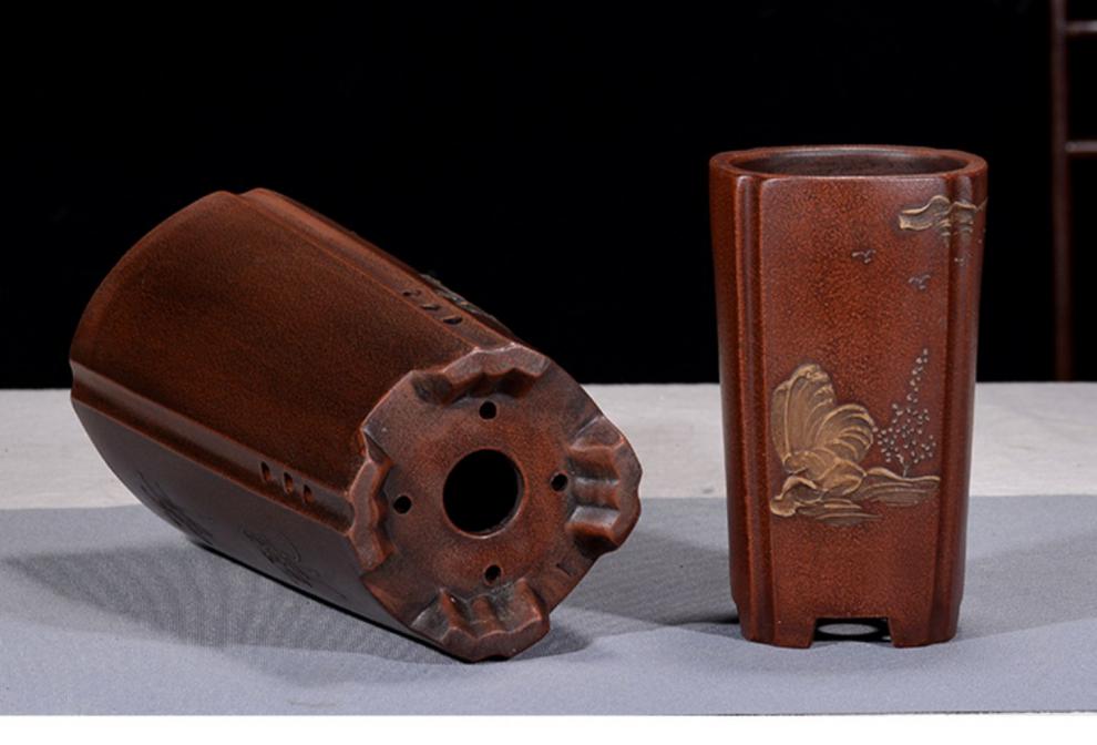 铁画轩紫砂老花盆民国回流泥绘纯手工四方盆精品老物件歪桩盆景盆