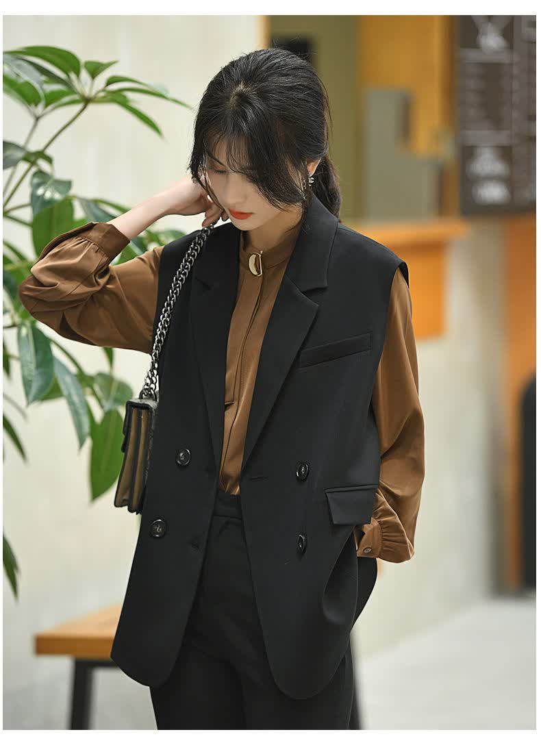 西装马甲女英伦风2021春秋新款韩版宽松无袖坎肩时尚休闲背心外套黑色