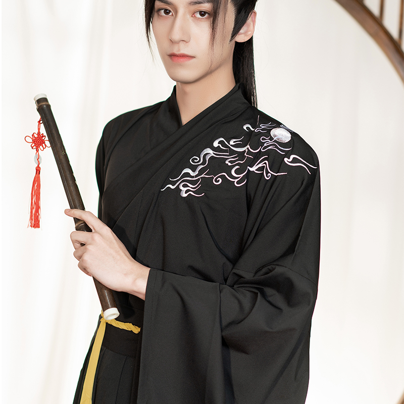 绘自然汉服男女情侣交领襦裙刺绣古装青少年秋季中国风道袍武侠风黑色