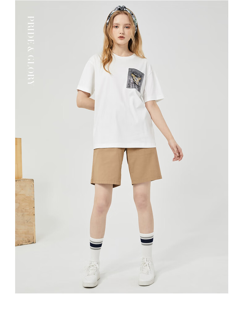 plory秋冬新款老鹰印花系列男女同款休闲短袖t恤porab2604n白色165