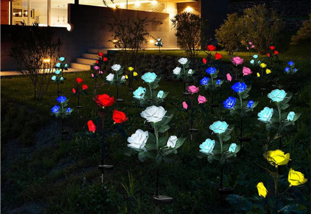 led太阳能花灯玫瑰花灯插地户外水花园别墅庭院楼盘装饰草坪灯 红色