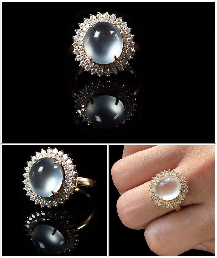 kingdom缅甸a货翡翠戒指冰种阳绿蛋面裸石马鞍满绿玉戒面18k金镶嵌