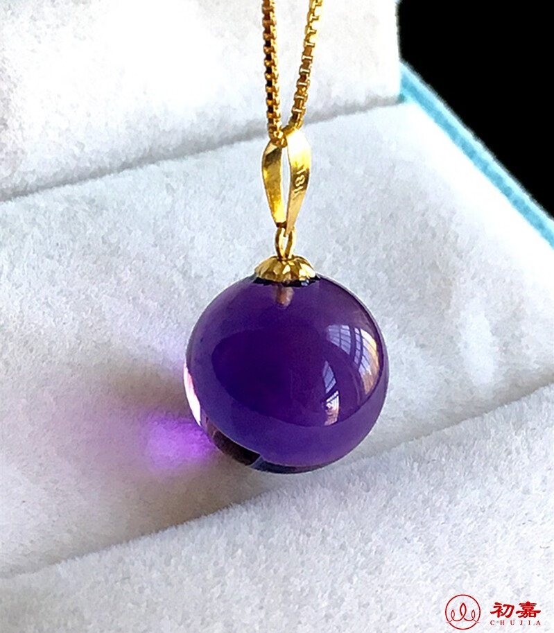 初嘉7a紫水晶圆珠吊坠珠径10mm净体18金镶紫色水晶转运珠锁骨链情侣