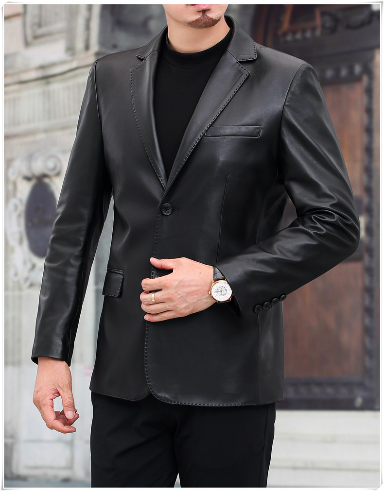 利罗基尼(lerogeni)品牌皮西装外套男单件青中年男士秋季皮夹克薄款