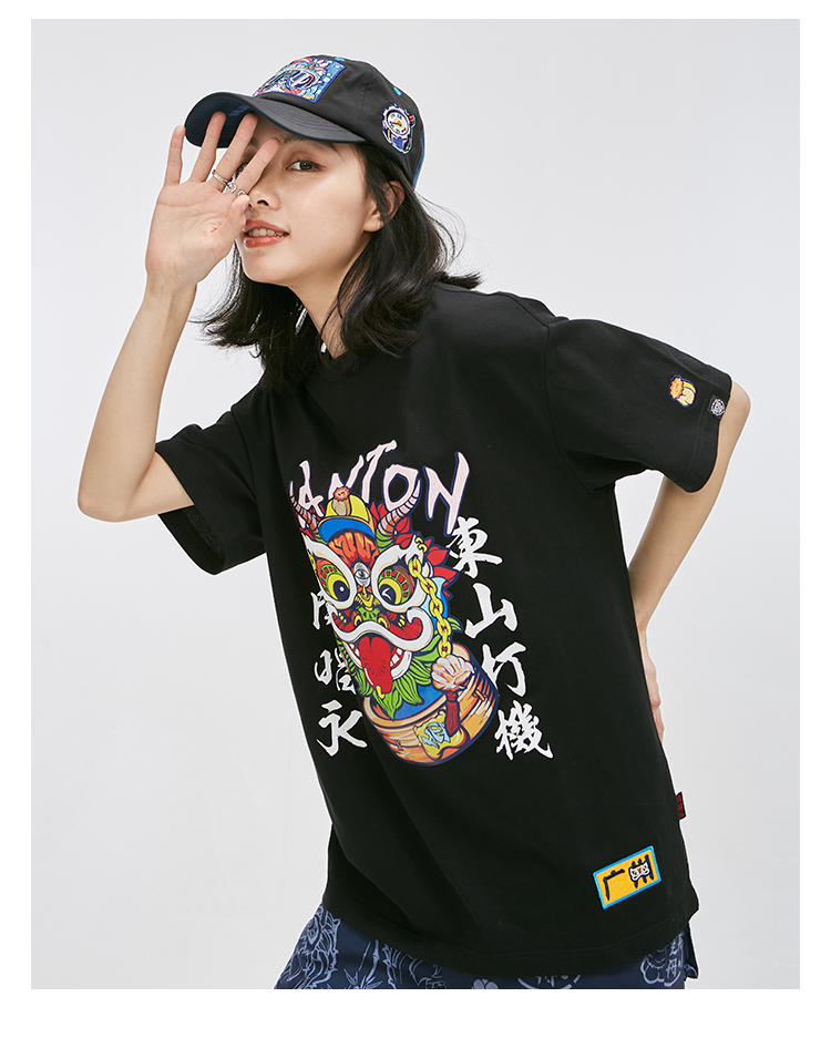 商场同款hea国潮醒狮广州城市款街头宽松休闲男女同款短袖t恤黑色ds