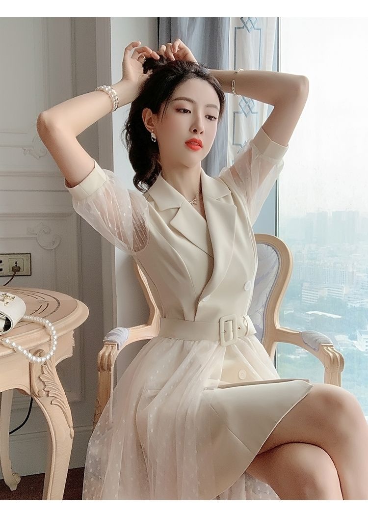 女装新款仙气收腰西装裙女夏季轻奢设计感裙子气质御姐范网纱两连衣裙