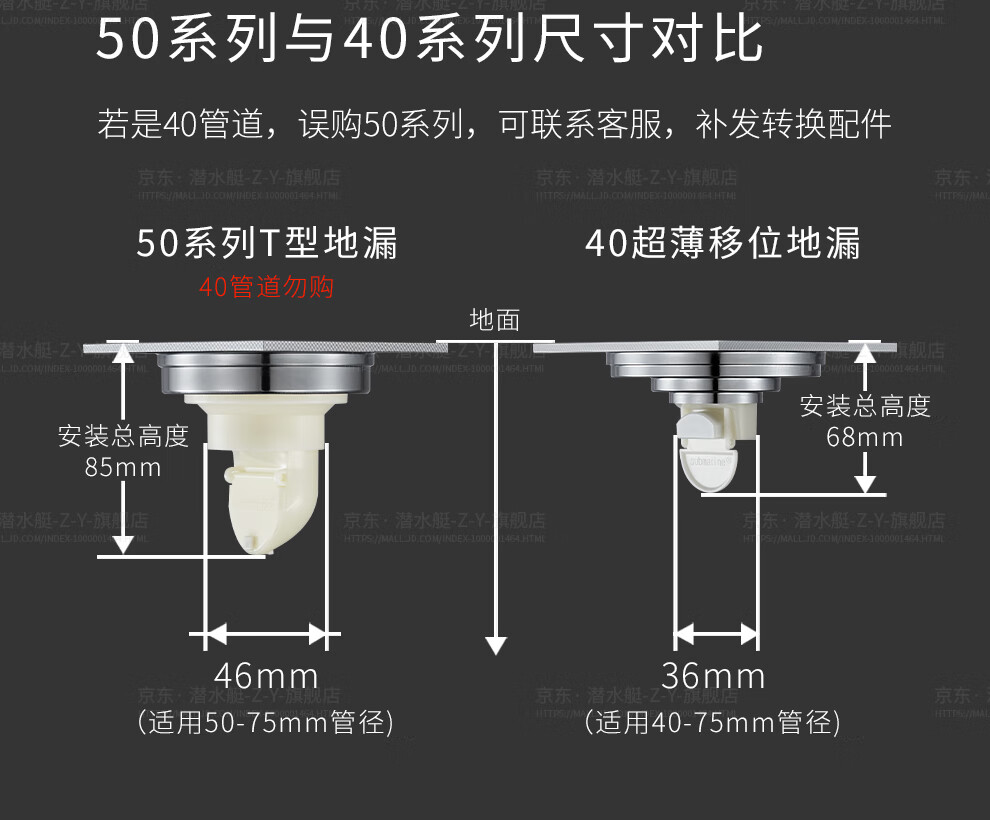 不锈钢防臭地漏套装50管径四防地漏大排量地漏套装两个装淋浴地漏值套