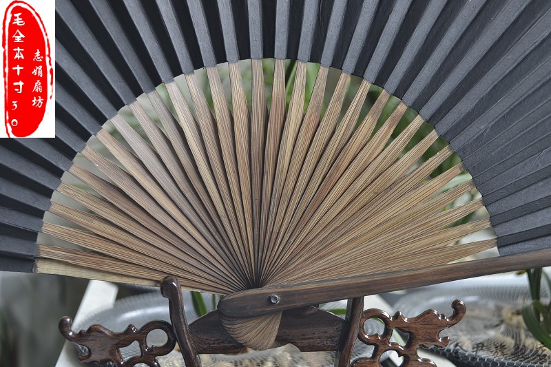 棕竹扇子10寸绍兴黑纸扇传统青灰扇素面全棕竹描画折扇工艺老白玉毛